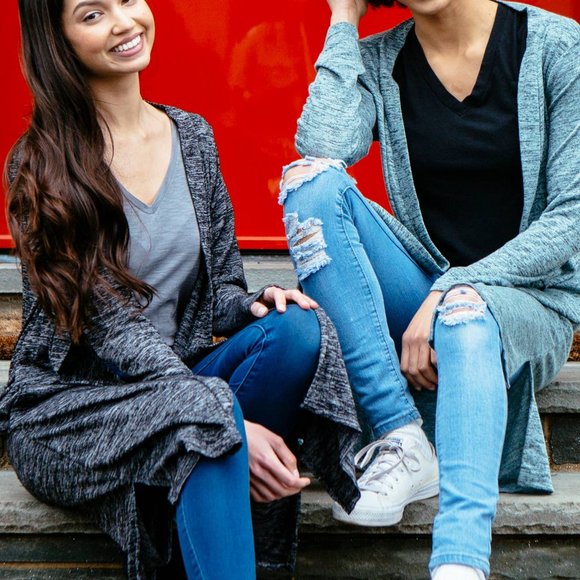 Heathered Blue Green Hello Mello Carefree Threads Long Open Front Cozy Cardigan - Picture 7 of 8